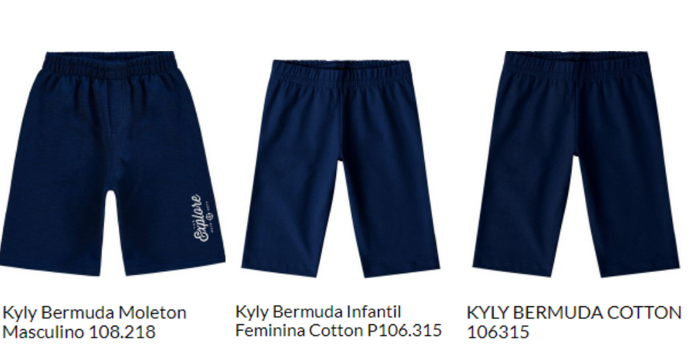 Três modelos de bermudas da Kyly, na co azul marinho, sem muitos detalhes. 