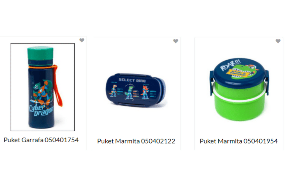 Na imagem três produtos Puket. À esquerda uma garrafinha azul. Aomeio e à ditreita, marmitas azul e verde.