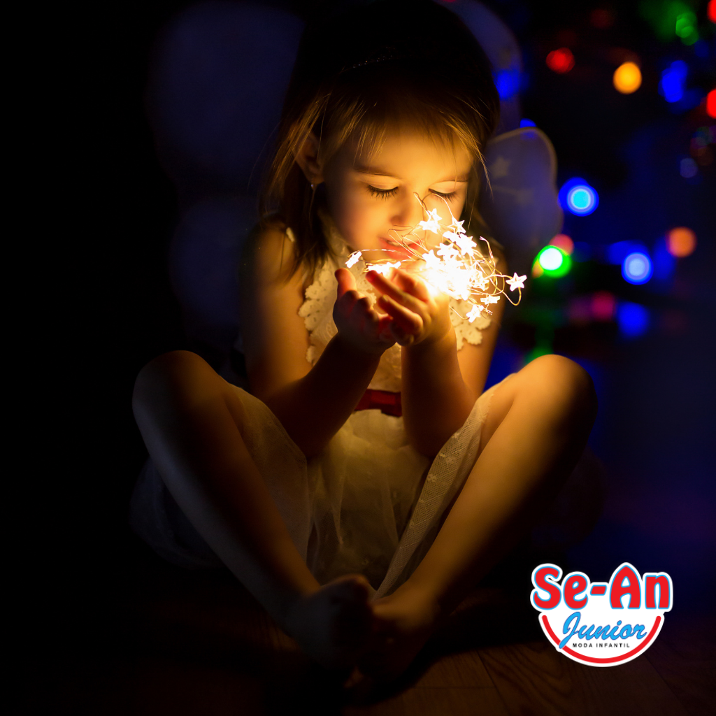 A imagem ilustra o artigo que fala sobre as festas de Ano Novo. Nela você pode ver uma criança sentada no escuro, com aslgumas luzes nas mãos, e ao fundo luzes coloridas de uma árvore de Natal.